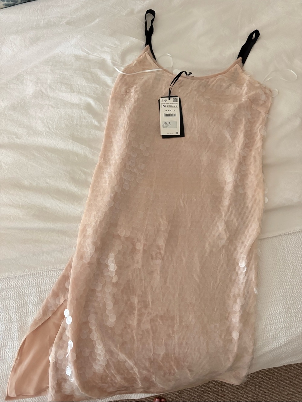NWT Zara Women's Sequin Slip Dress - Blush Pink with black velvet straps